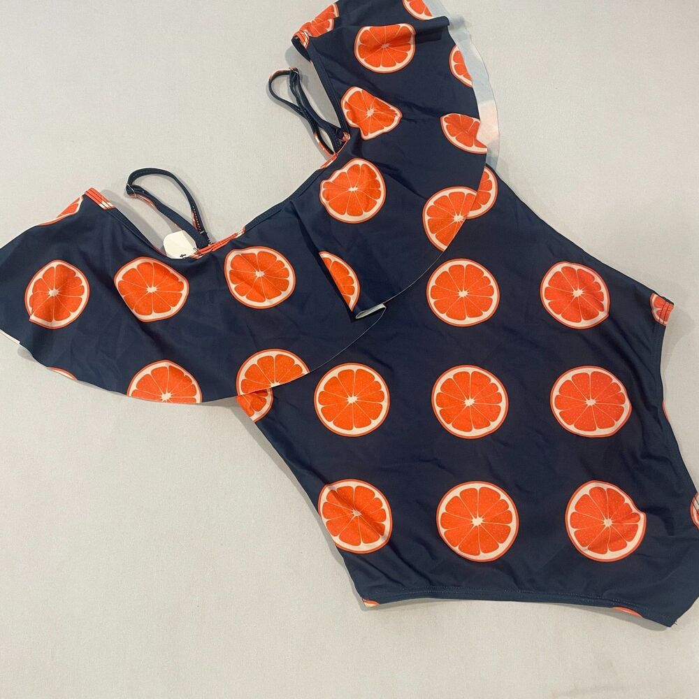 NEW! PatPat Med Swimsuit Oranges Citrus 1pc Convertible Straps Ruffle Womens NWT
